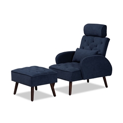 Baxton Studio Haldis Modern and Contemporary Navy Blue velvet Fabric Upholstered and Walnut Brown Finished Wood 2-Piece Lounge Chair and Ottoman Set